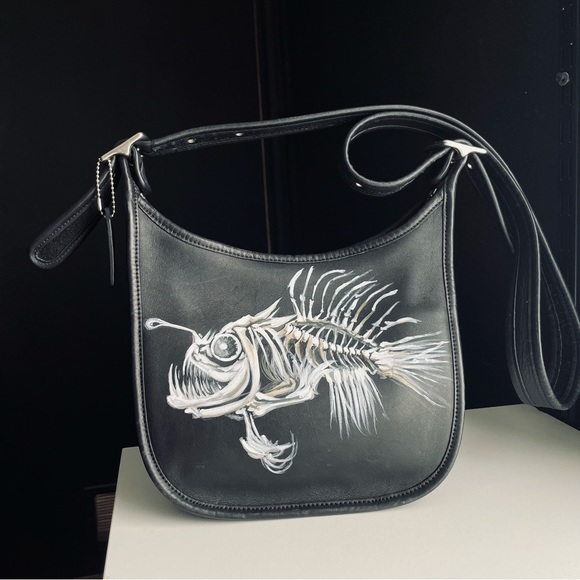 Coach Handbags - Vintage Coach Black Leather Shoulder Bag with Angular Fish Painting